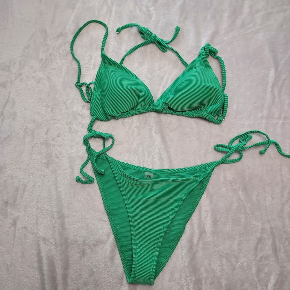 MakeMeChic Green Ribbed Triangle Bikini Set High Cut Two Piece Swimsuit L